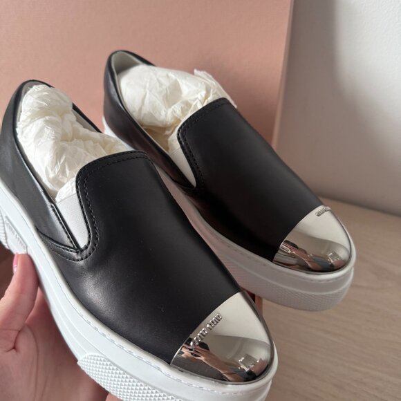 NWT Miu Miu Platform Slip-on Sneakers Black Leather Silver Toe Cap Sz 35.5 - Picture 8 of 13